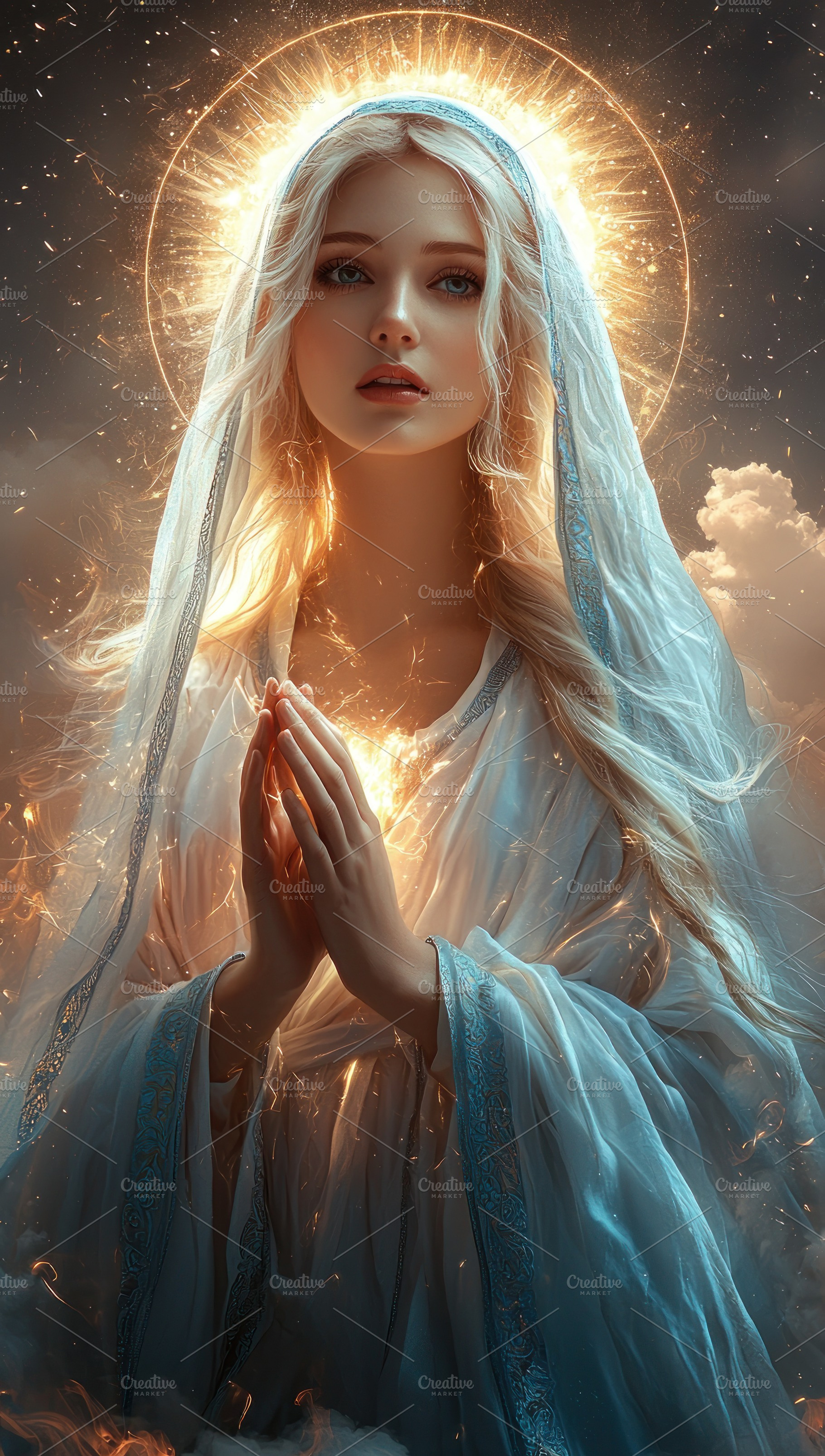 Heavenly woman in prayer with glowing golden halo and divine lig, a Holiday Photo by José Manuel Gelpi