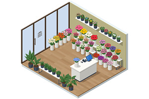 Isometric florist in flower shop