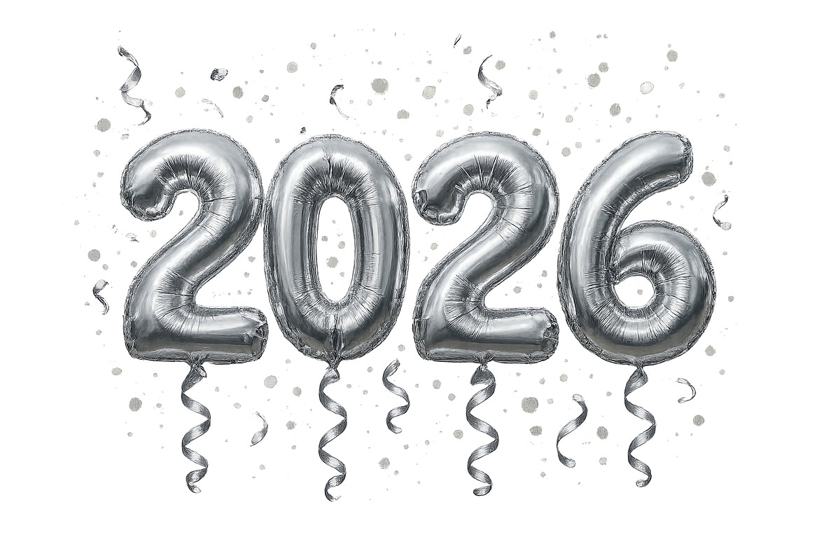 New year 2026 silver balloons with c, an Illustration by Dvoevnore photos