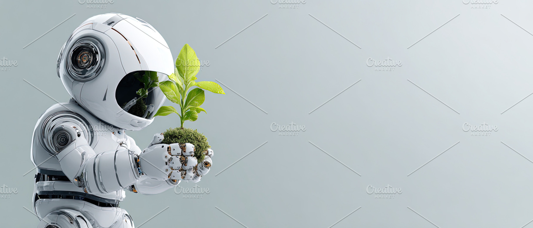 Futuristic robot holding a vibrant green plant in its hands agai, a Photo by Ales Munt