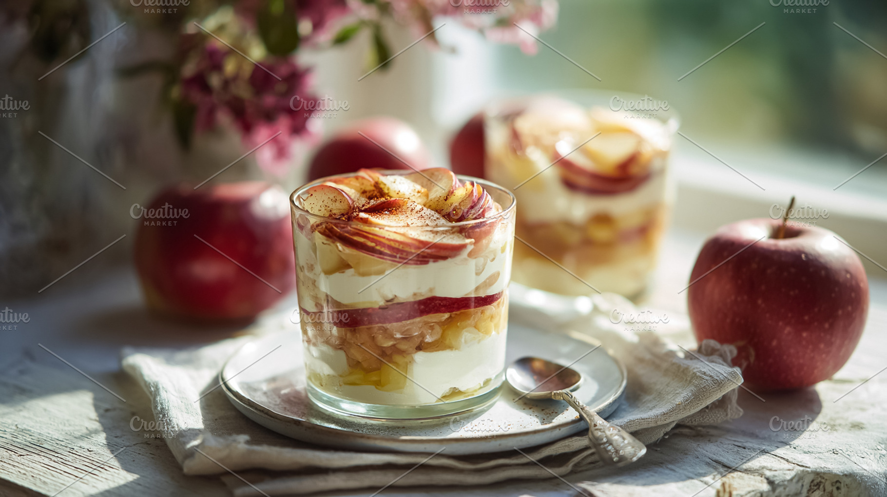 Refreshing homemade apple parfait served in a glass, featuring l, a Photo by Studio ANNA