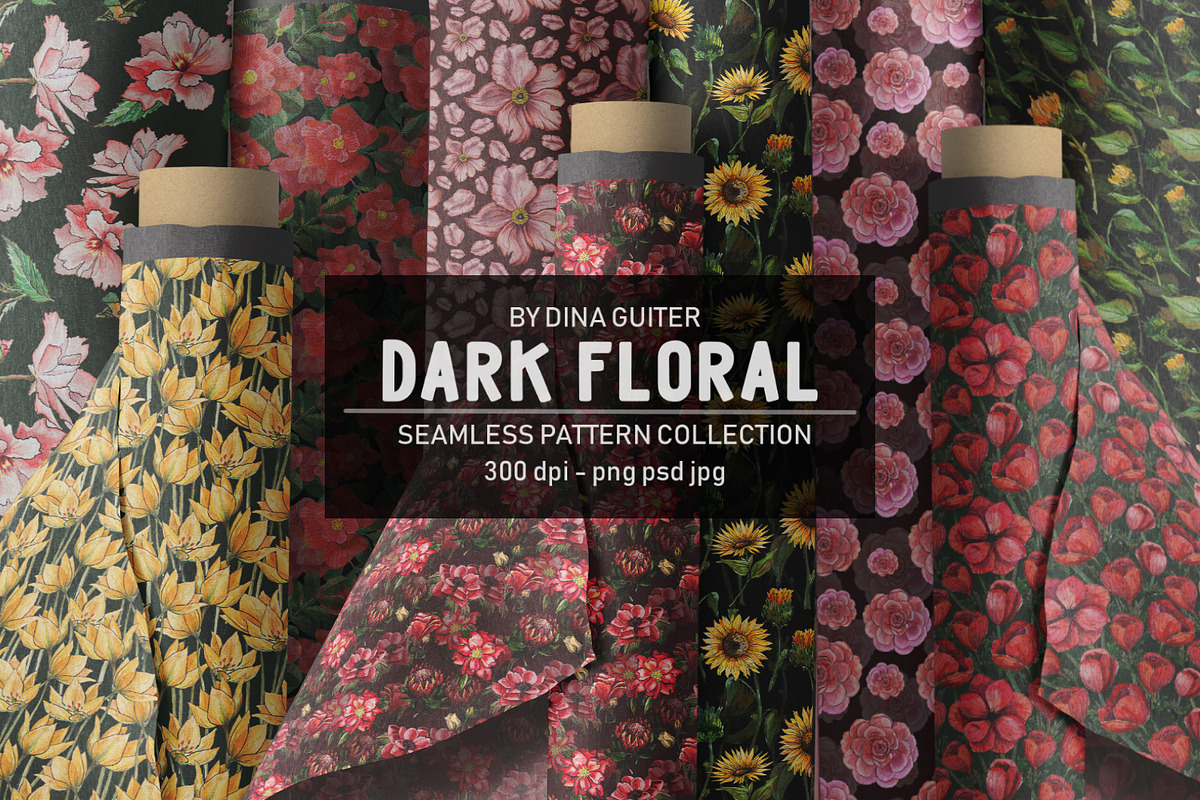 Dark floral flower pattern set, a Pattern Graphic by Dina Guiter (Photo 1 of 9)
