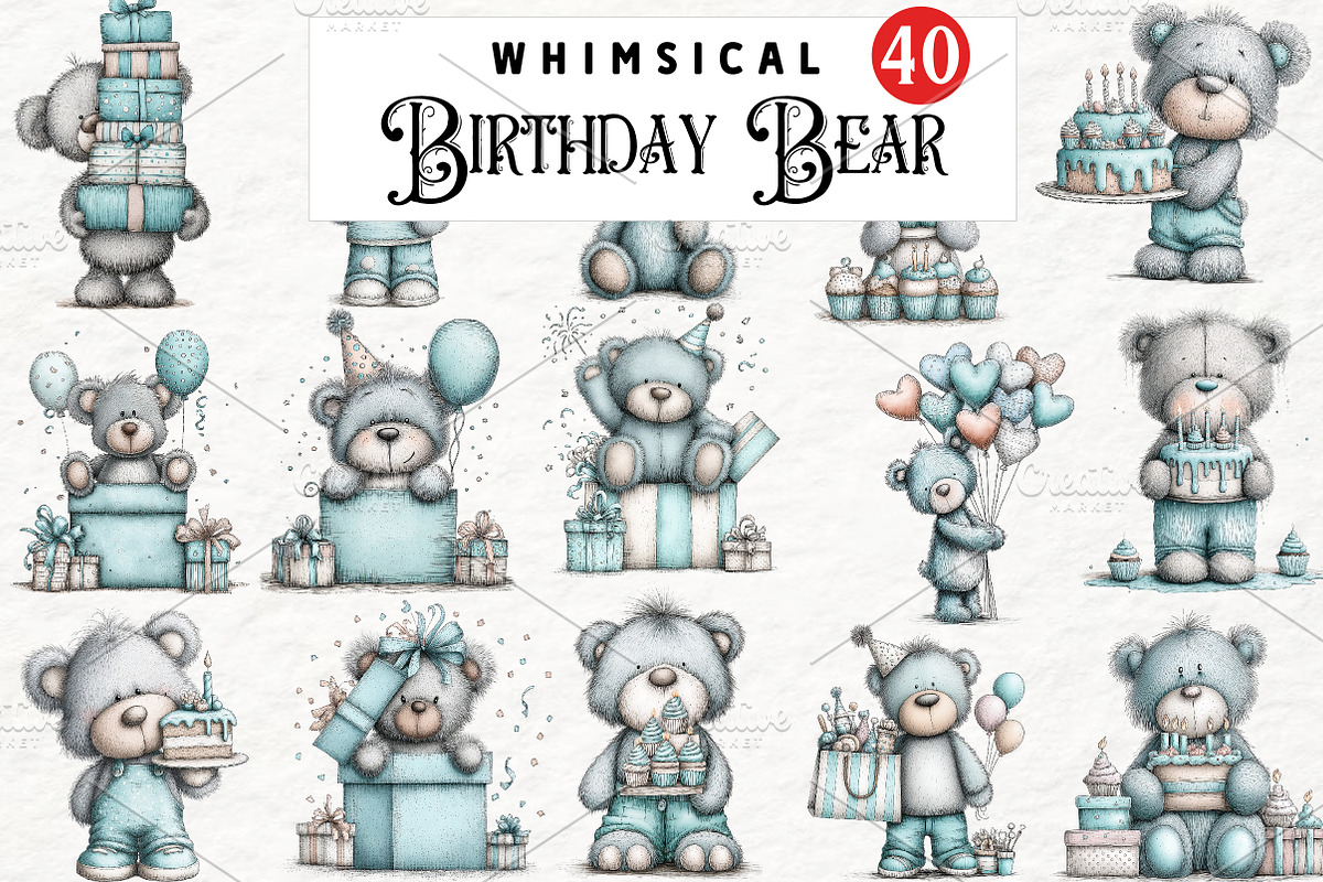 whimsical birthday teddy bear png, an Animal Illustration by Watercolor design (Photo 1 of 6)