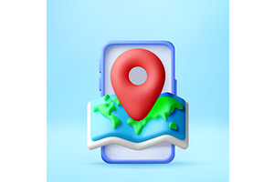 3D Red location pin on world map in, a Technology Illustration by Abscent
