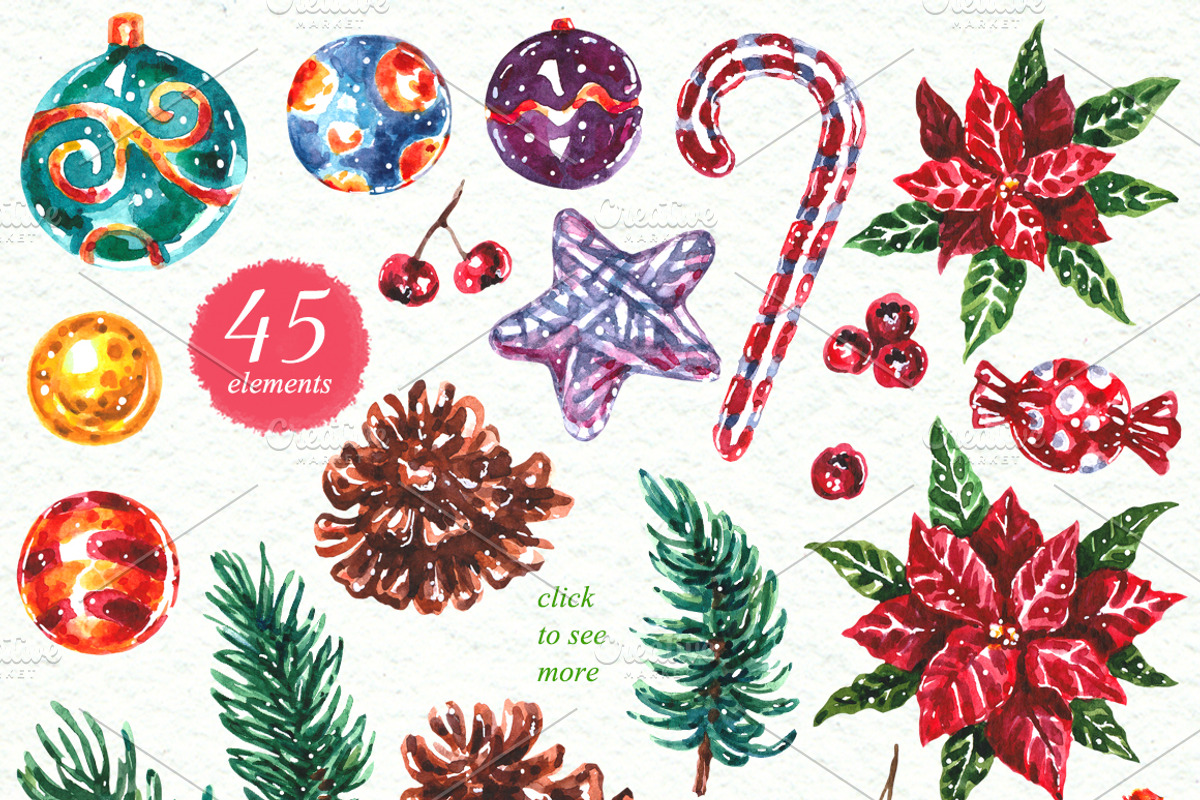 Merry Christmas Watercolor Set, an Illustration by AnnieDove (Photo 2 of 10)