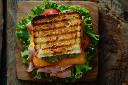 Toast sandwich with cheese, turkey ham, tomato and fresh lettuce on wooden tabl, a Food & Drink Photo by AlyaAnd
