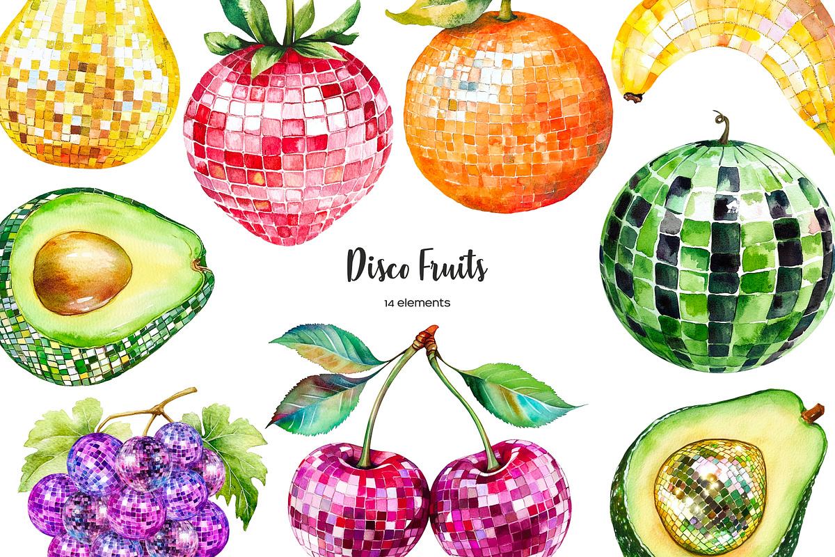 Watercolor fruits disco ball clipart, an Object Illustration by Art and Funny (Photo 1 of 3)