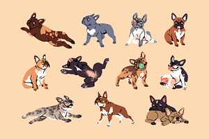 French bulldogs set + sticker pack, an Animal Illustration by PaperTrident