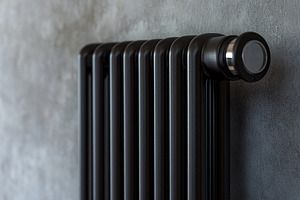 Black vertical heater radiator on grey wall background, an Industrial Photo by AlyaAnd