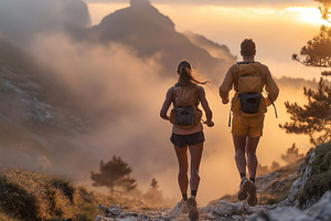 A man and woman jogging along a misty mountain trail at sunset, surrounded by d, a Person Photo by ImageMir