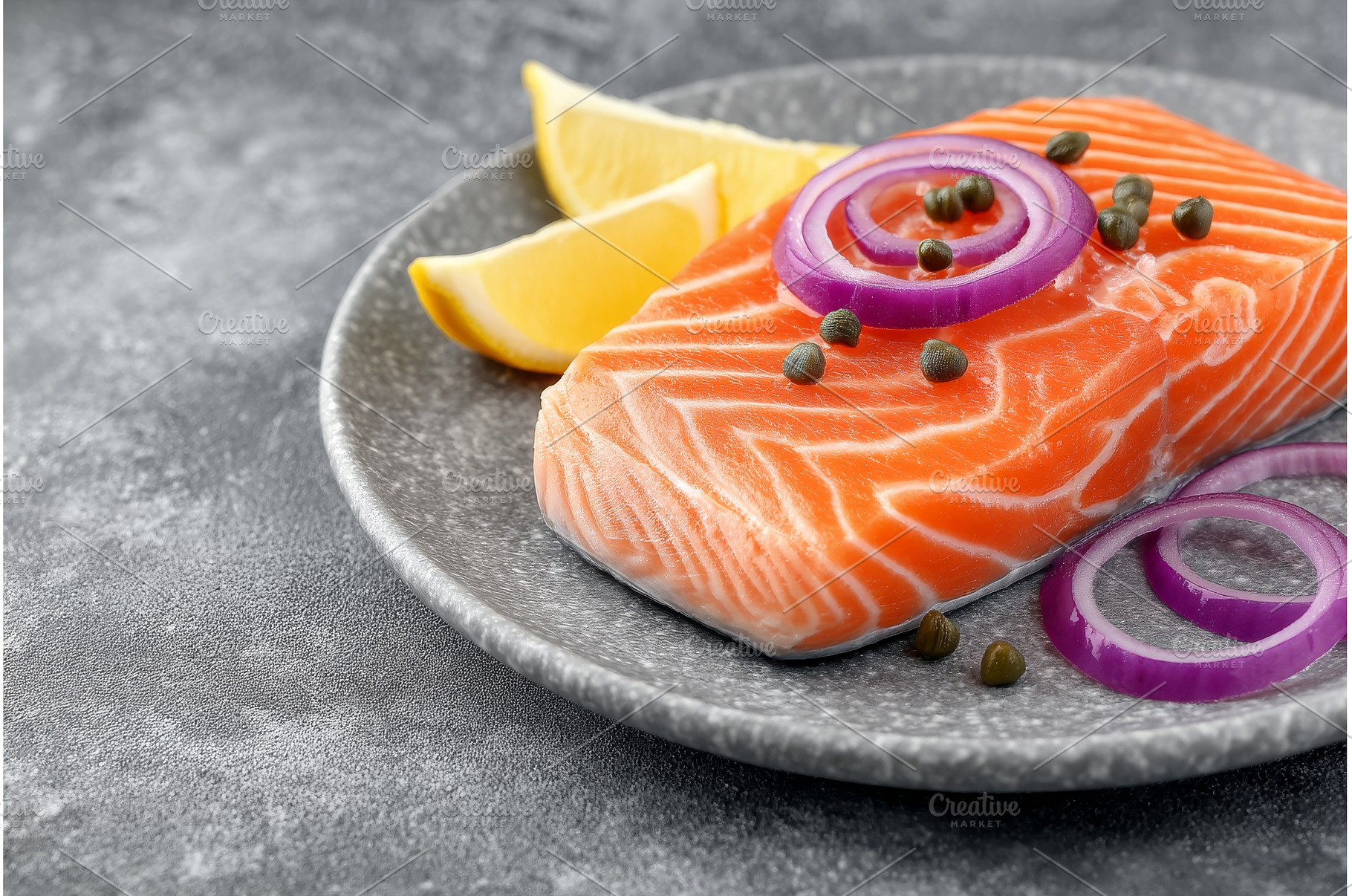 On a grey table, a serving of salmon, a Food & Drink Photo by ZinetroN