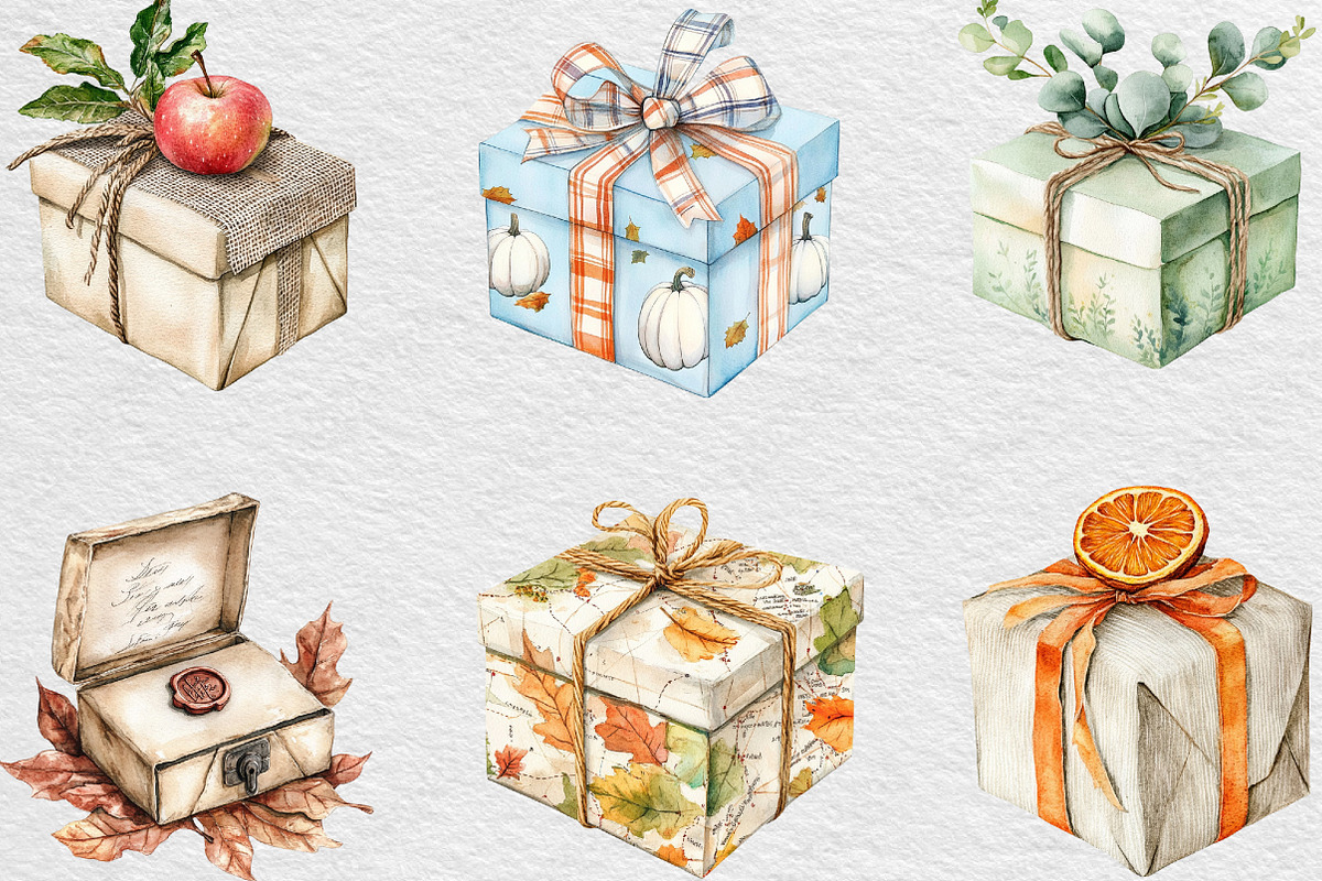Watercolor Autumn Gift Box Clipart, an Illustration by Black Bird Studio (Photo 6 of 6)