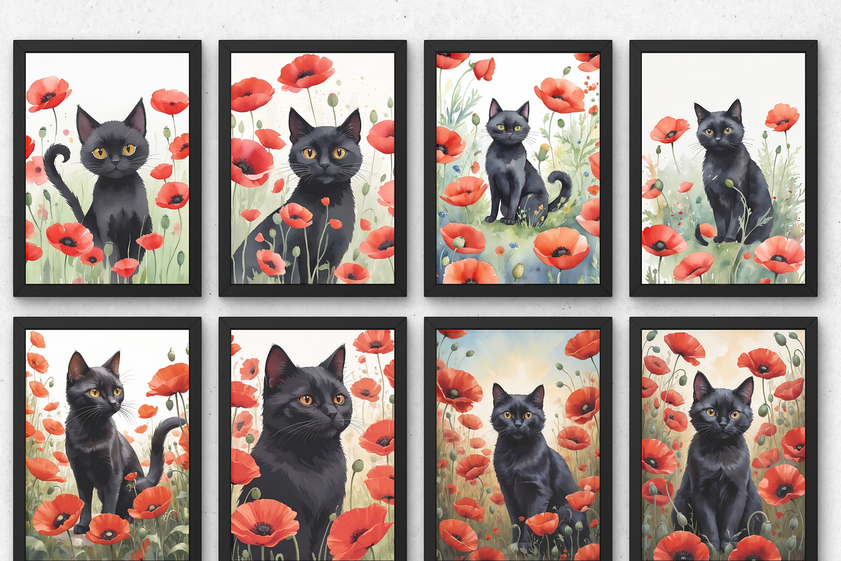 8JPG BLACK CAT RED POPPY WALL ART, an Animal Illustration by Vachira Digital Studio (Photo 2 of 3)