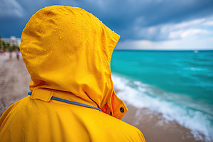 Person wearing yellow raincoat enjoys tranquil beach view during cloudy weather, a Person Photo by AlyaAnd