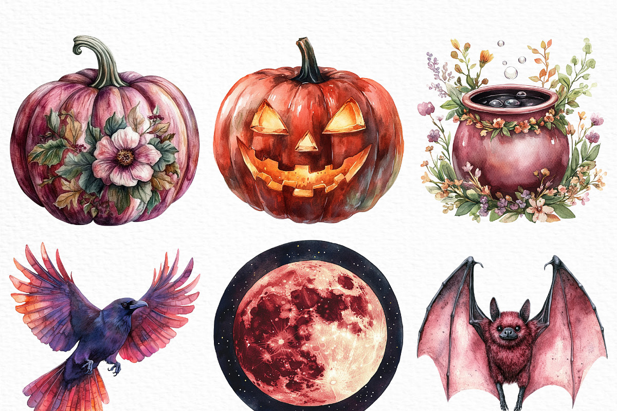 Watercolor Burgundy Halloween PNG, an Illustration by Craft Nest (Photo 3 of 6)