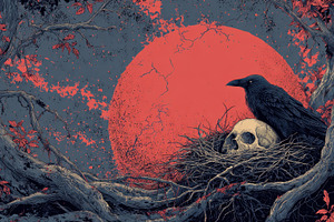Raven on skull, red moon, a Photo by Beautiful things
