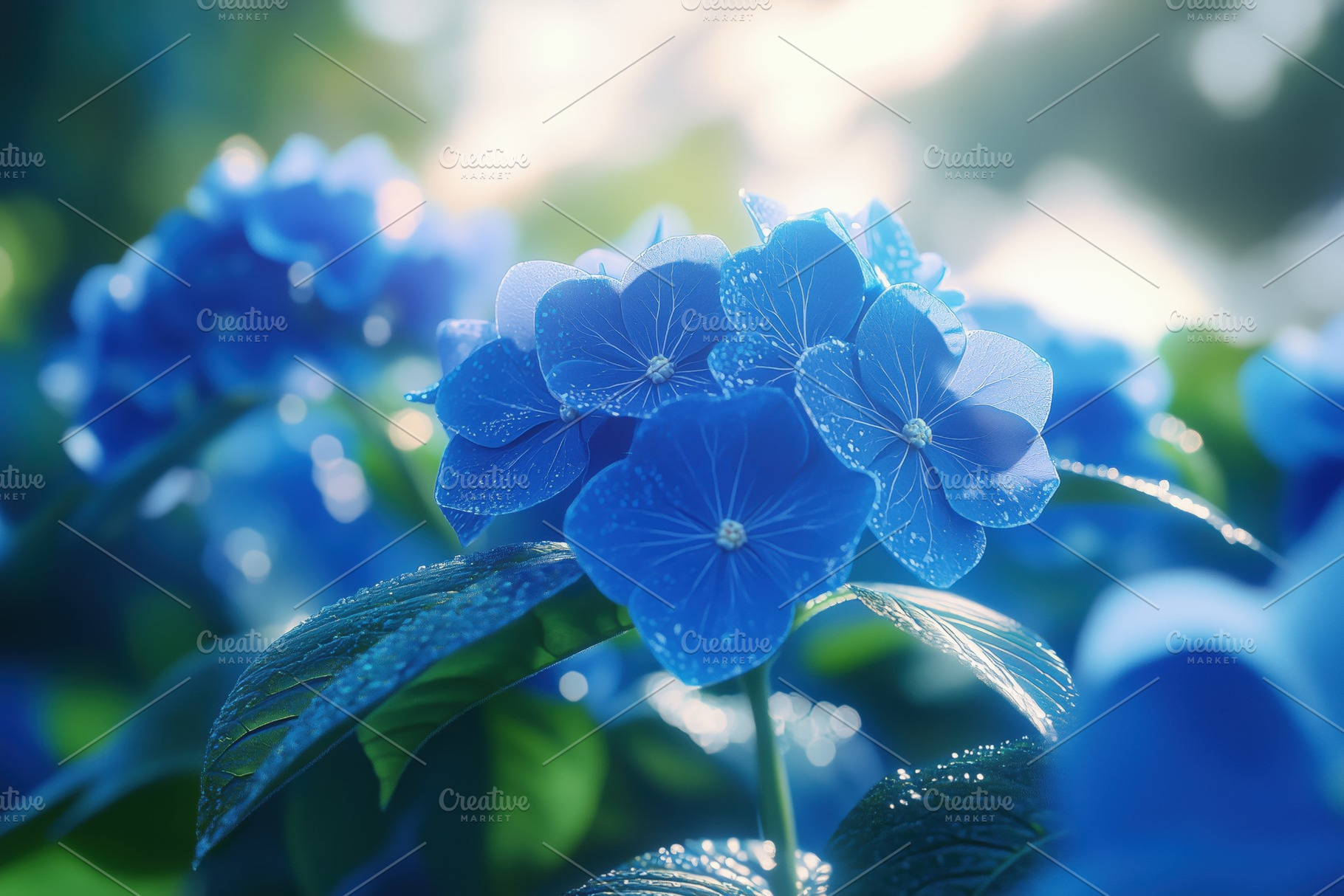 A close-up view of vibrant blue flowers with delicate petals, glistening with d, a Technology Photo by Textures & Backgrounds