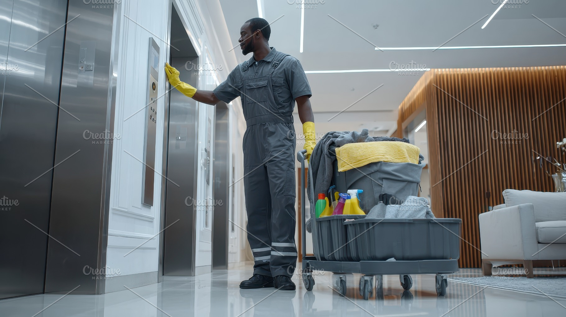Cleaner using elevator in modern bui, a Photo by Pixeness Studio