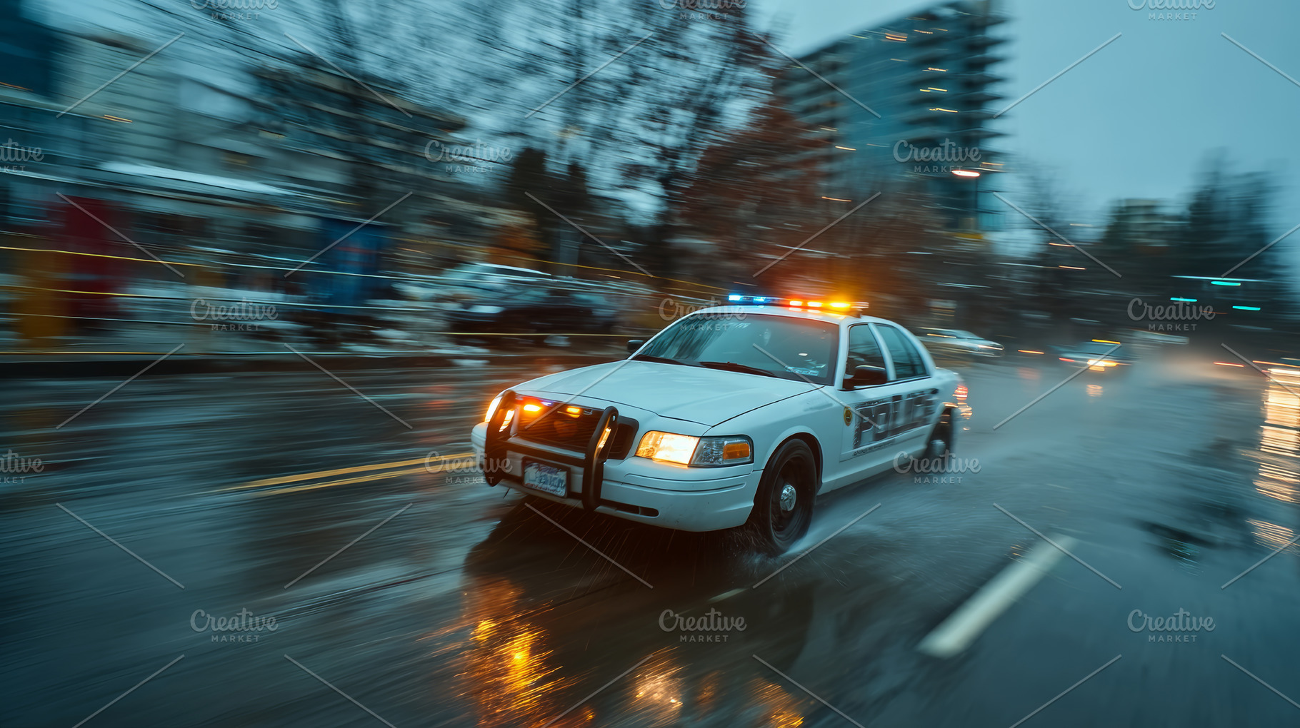 Police patrol car speeding through a rainy urban street with flashing lights an, a Photo by AS photostudio