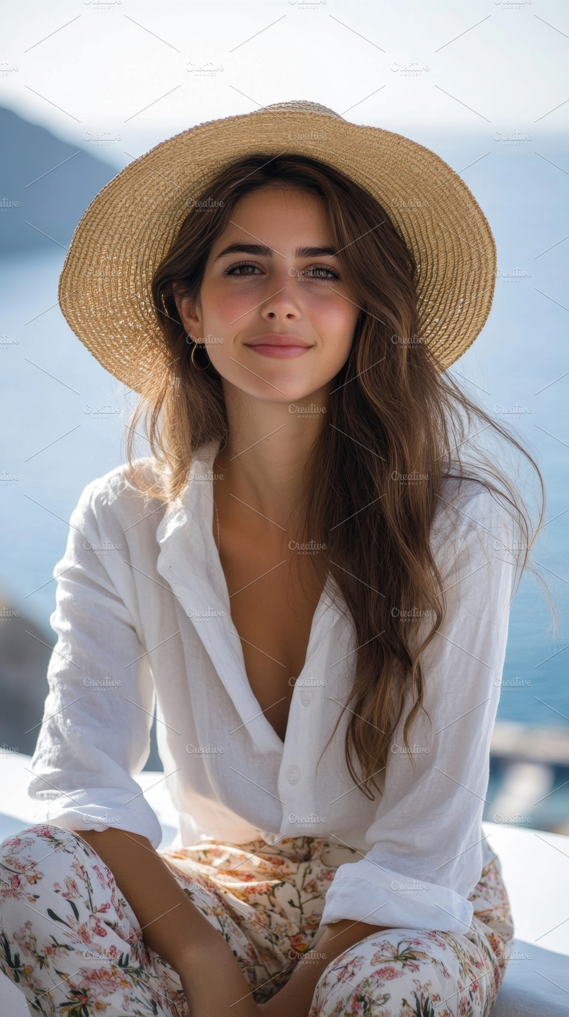 Woman in straw hat smiles by the sea, a Photo by Beautiful things