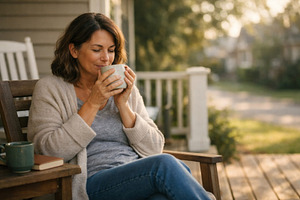 Woman enjoying quiet morning with co, a Photo by Dvoevnore photos