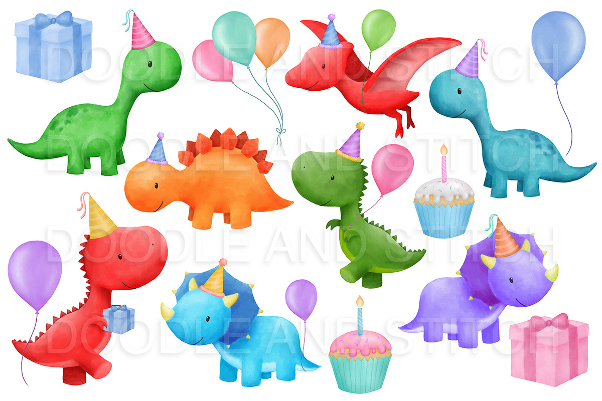 Dinosaur Party Watercolor Clipart, an Animal Illustration by Doodle and Stitch (Photo 2 of 2)