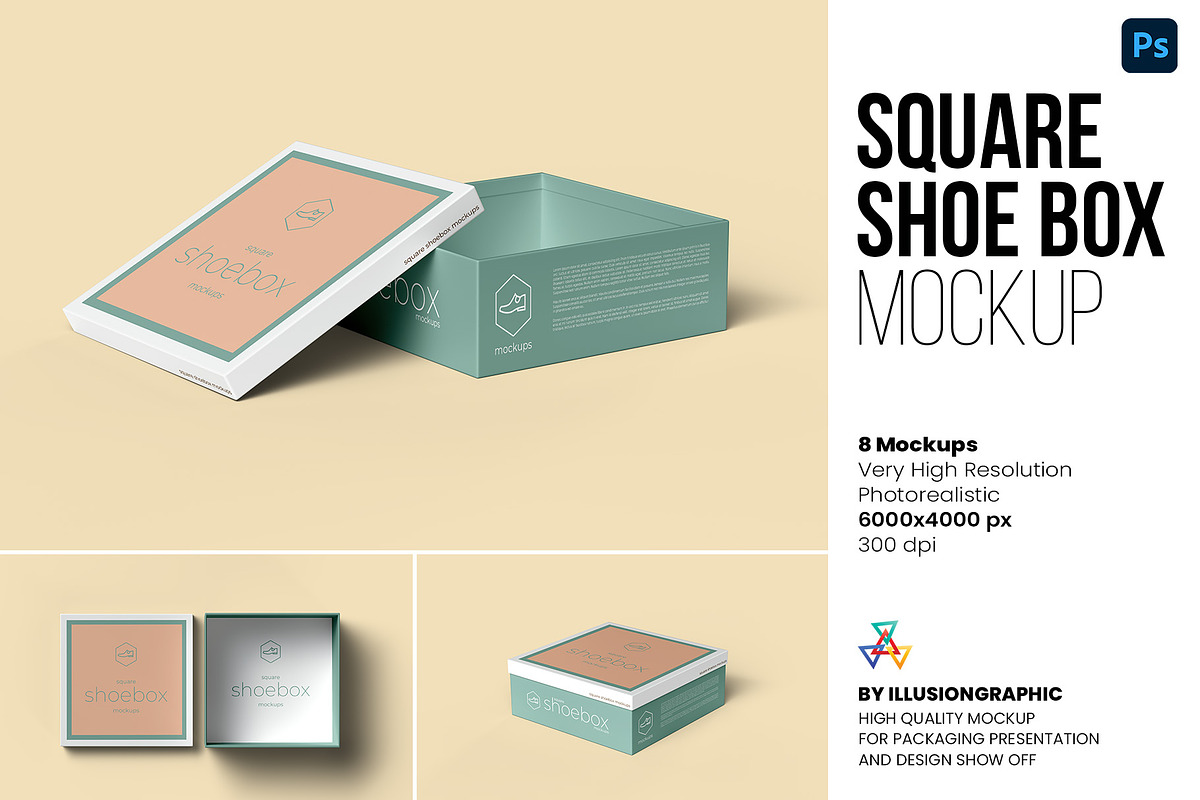 Square Shoe Box Mockup - 8 views, a Cups & Container Mockup by Illusiongraphic (Photo 1 of 20)