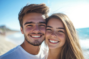 Happy young couple embracing, a Photo by Pavel_design
