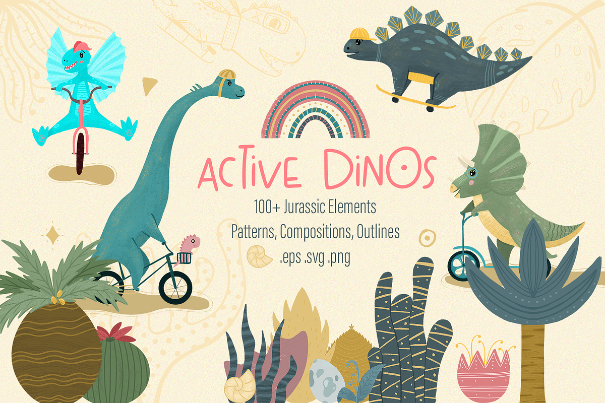 Cute Dinosaurs – Clipart & Patterns, an Animal Illustration by PenguinArtStudio (Photo 1 of 11)