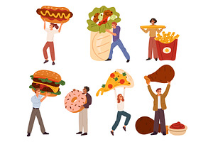 Tiny men and women holding fastfood, a Person Illustration by Vectorbuum