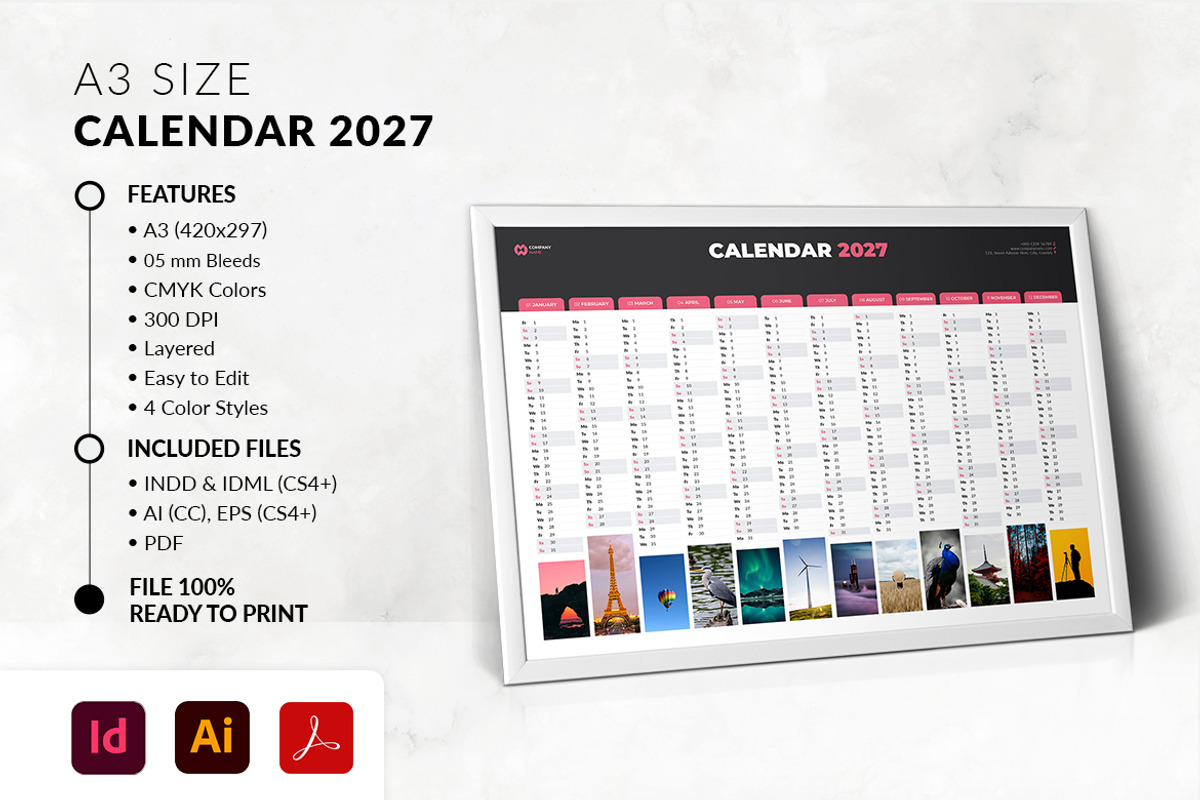 A3 Landscape Calendar 2027, a Stationery Template by MstArtwork (Photo 4 of 4)