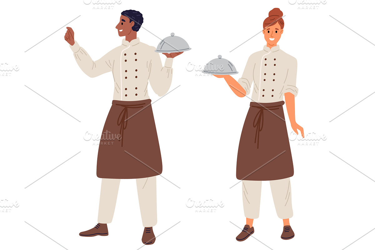 Male and female chef hold tray food, a Person Illustration by Vectorbuum
