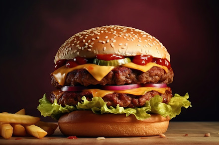 Illustration of tasty burger and french fries on wooden table, a Food & Drink Photo by AlyaAnd