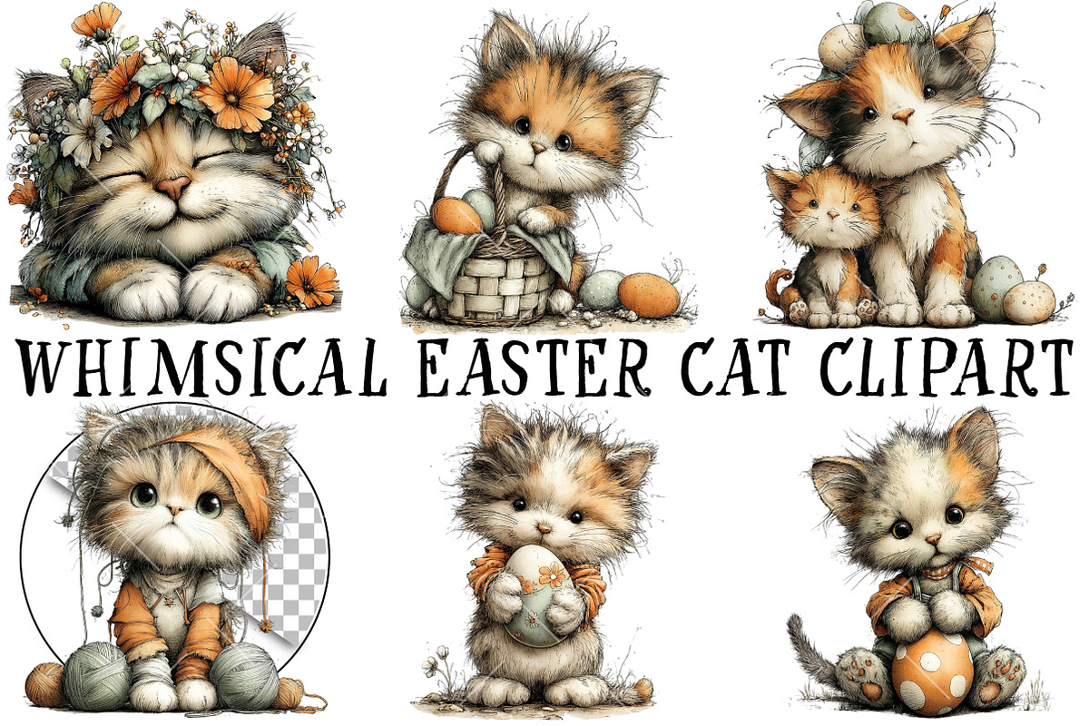 Whimsical Easter Cat Clipart, an Illustration by OK Design (Photo 2 of 6)