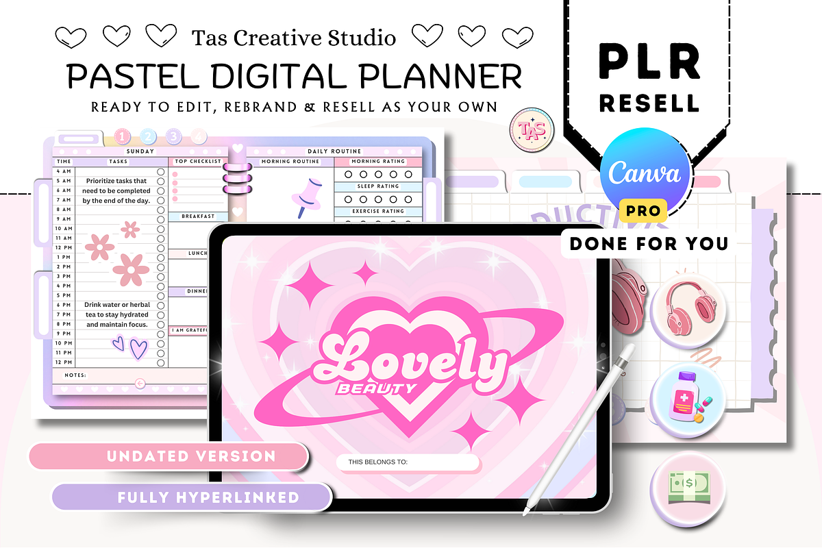 PLR Pink Pastel Digital Planner, a Stationery Template by Tas Creative Studio (Photo 1 of 10)