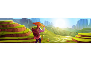 Farmer in conical hat with basket on, an Illustration by art PVP - market