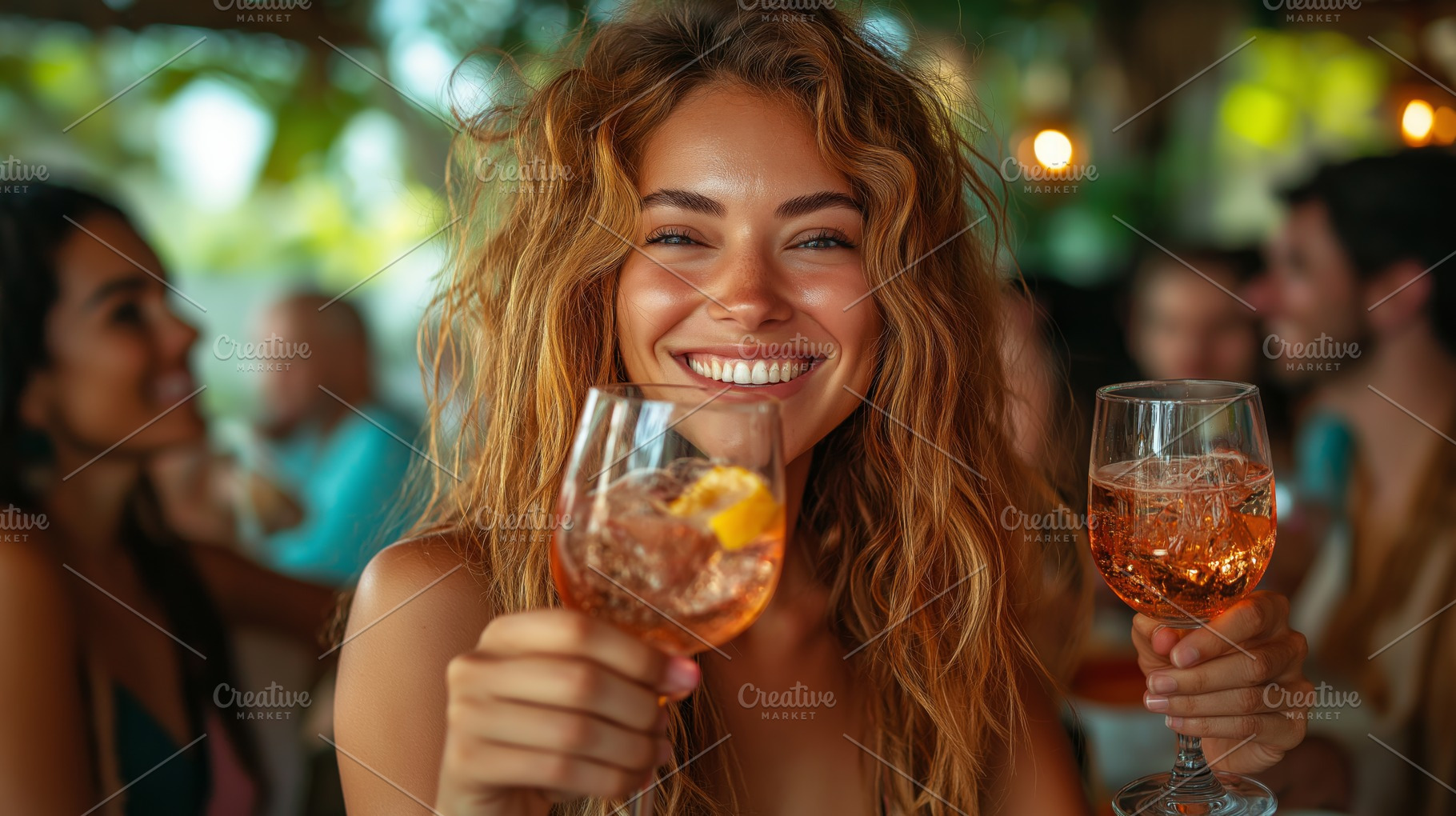 Joyful young woman with curly hair enjoying drinks with friends in a vibrant se, a Person Photo by ImageMir