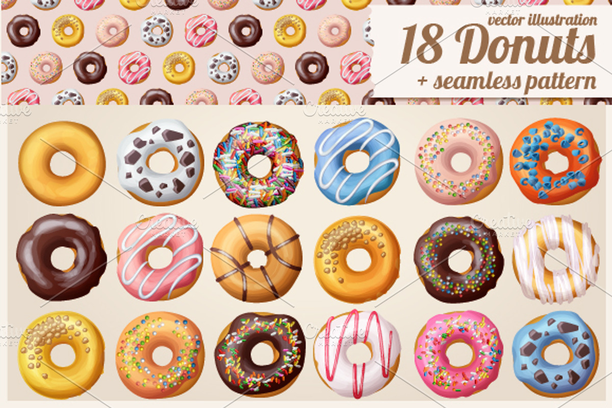 18 Donuts Icons + Seamless Pattern, an Object Graphic by Ann-zabella
