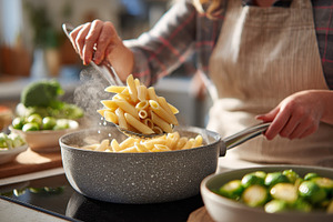 Woman cooking pasta in kitchen healt, a Photo by Pixeness Studio