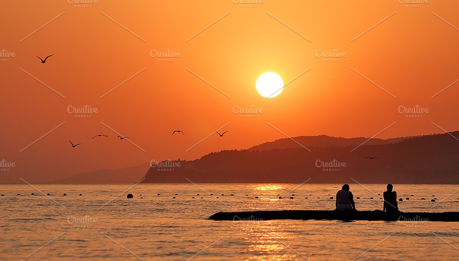 Orange Sunset On Sea Featuring Beautiful Bird And Landscape