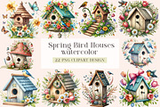 Watercolor Spring Bird Houses, a Seasonal Illustration by DreamArtGraphic (Thumbnail 1 of 5)