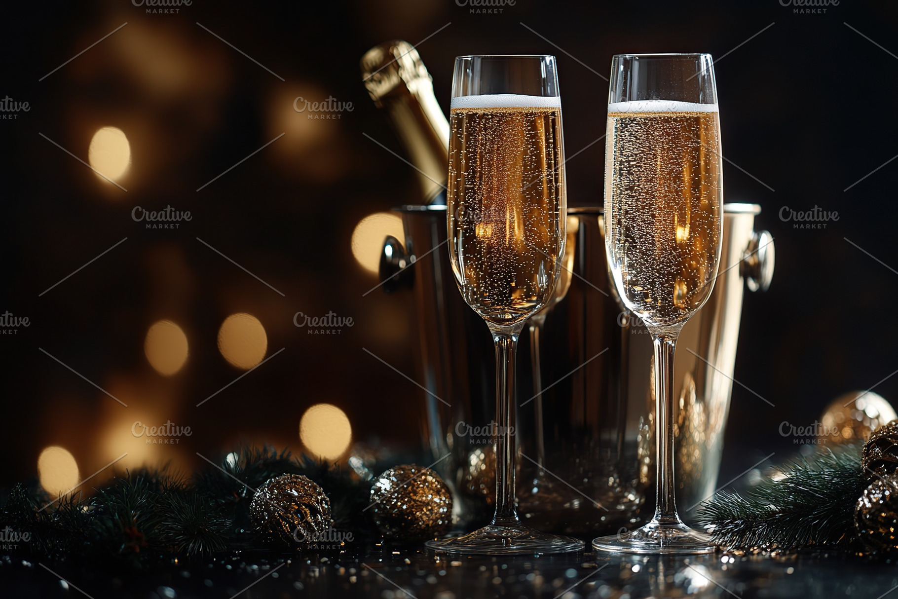 Champagne glasses and bucket with champagne bottle on blurred lights background, a Food & Drink Photo by AlyaAnd