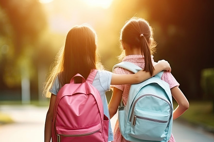 Schoolgirls with backpacks going to the School. Generative AI, a Photo by José Manuel Gelpi