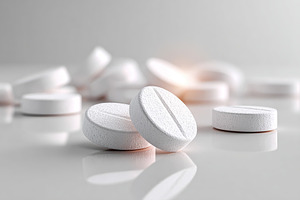 Close-up view of multiple white pills scattered on a reflective surface, a Health & Medical Photo by AlyaAnd