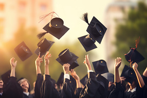 Group of graduates throwing caps in, a Photo by Iftikhar Alam