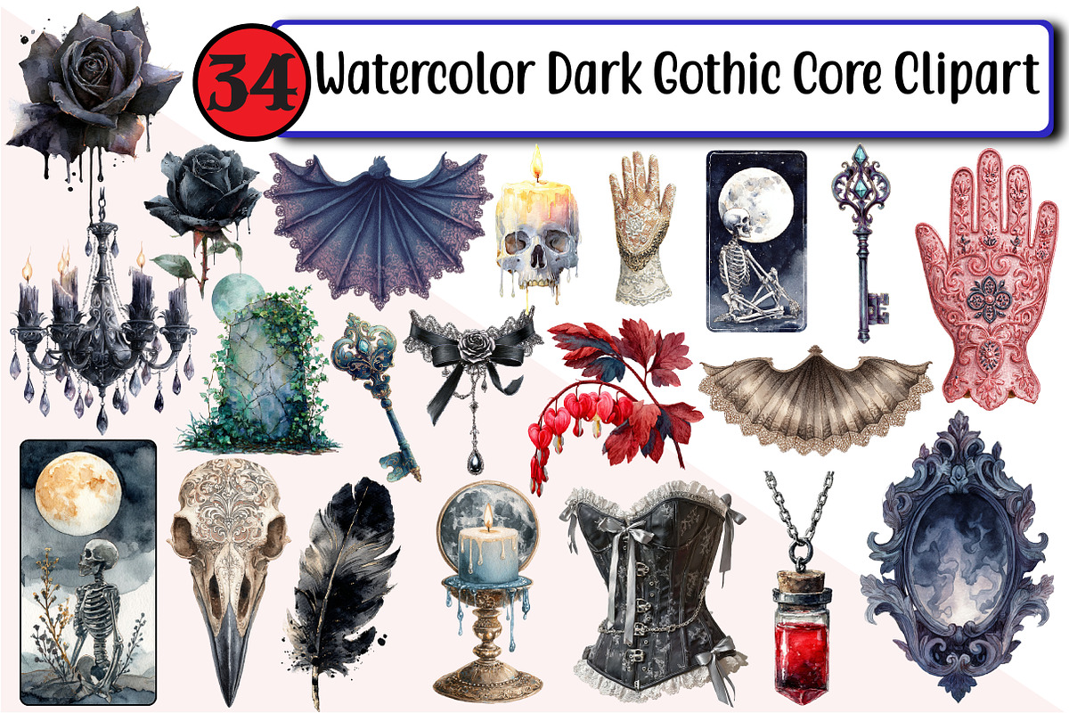 Watercolor Dark Gothic Core Clipart, an Illustration by Design Market (Photo 1 of 3)