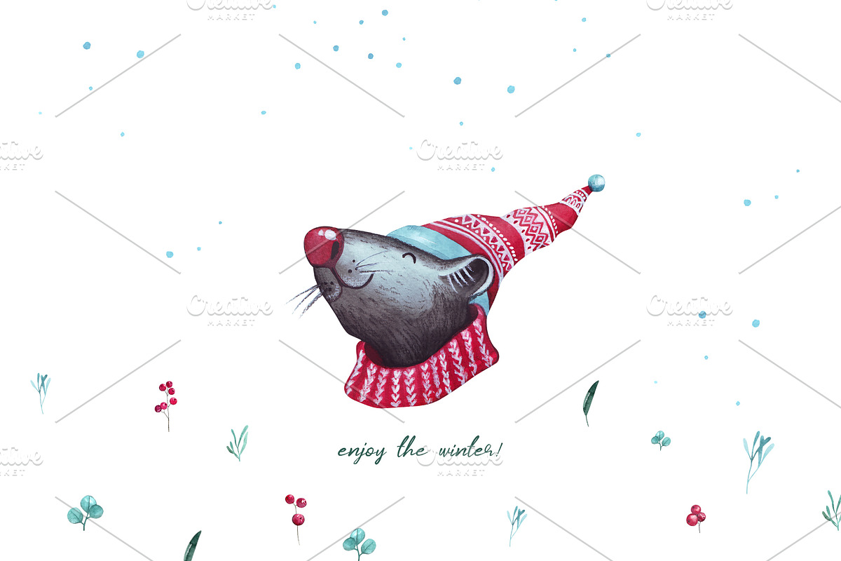 Christmas Mouse and flowers, an Illustration by YuliaBiser (Photo 11 of 11)