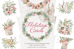 Christmas Boho Cards Bouquets Wreath