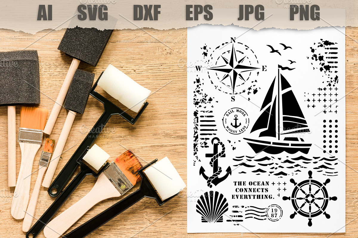 Stencil Nautical Sailboat Ocean, an Object Illustration by MARYCRAFTIRIA (Photo 2 of 3)