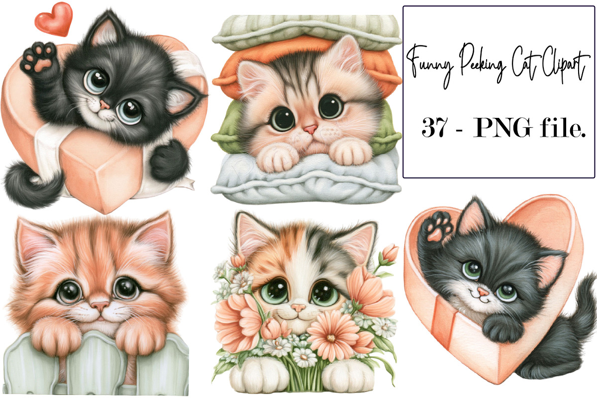 Funny Peeking Cat Clipart PNG Bundle, a Seasonal Illustration by SVGArt (Photo 1 of 5)